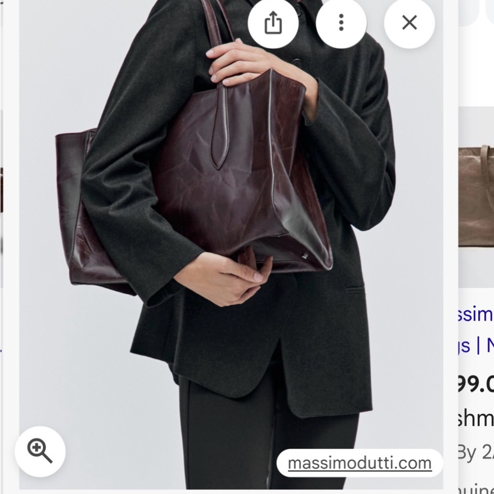 Massimo Dutti Dark Brown Leather Tote Nappa Crackled